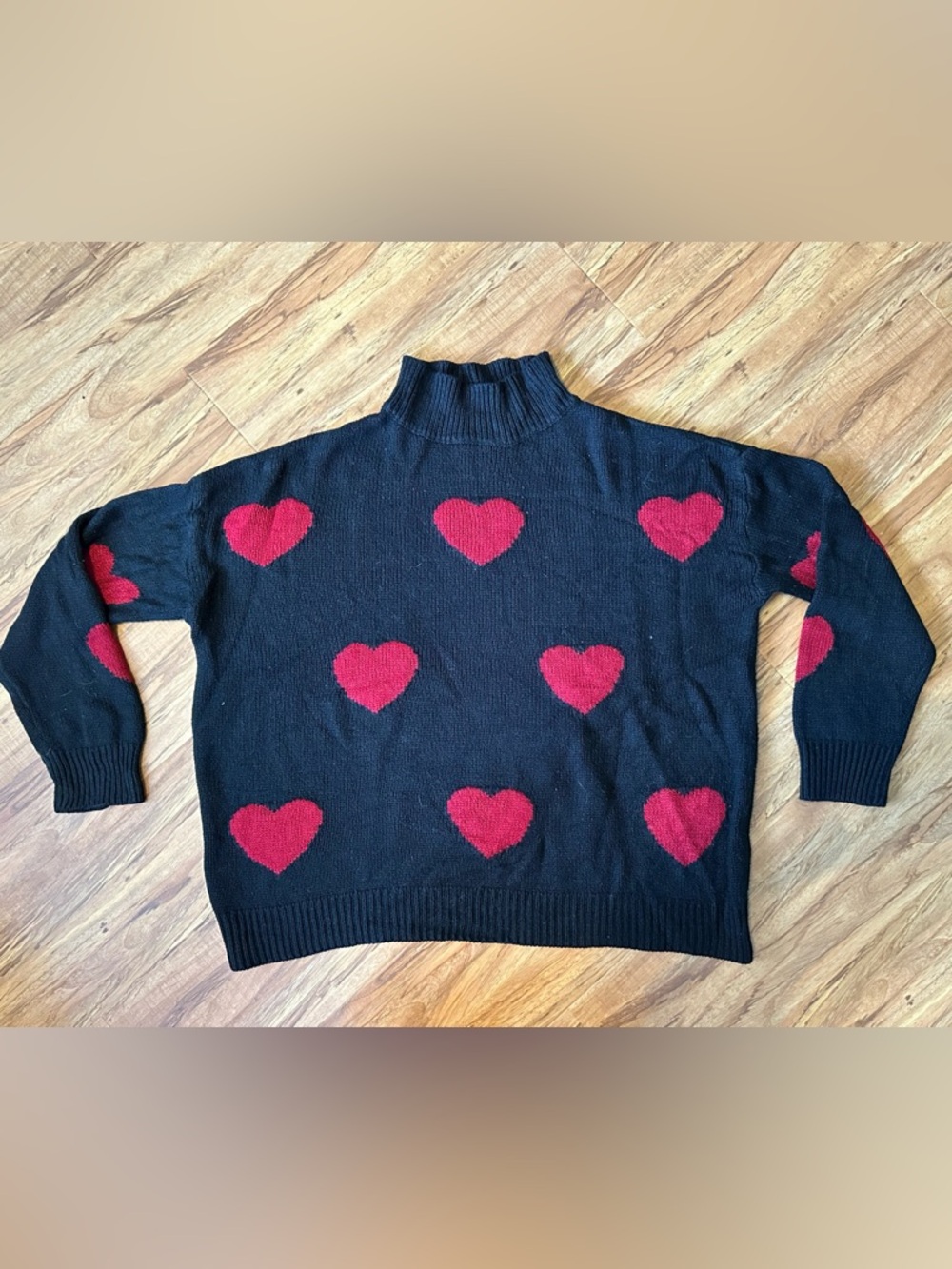 SHEIN Black Turtleneck Sweater with Red Heart Accents